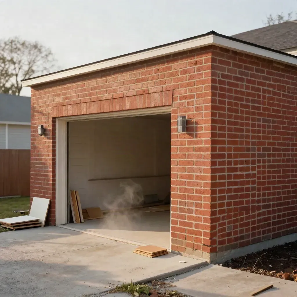 Fresh brick veneer garage addition with crisp corners and staged veneer panels beside the opening.