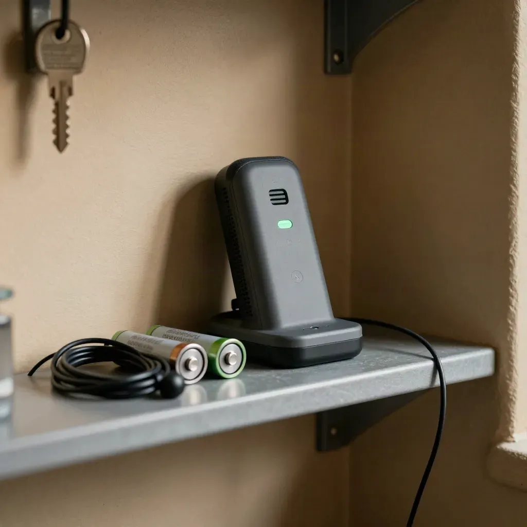 Wall-mounted radio charger with batteries and coiled earpiece cable on a clean utility shelf.