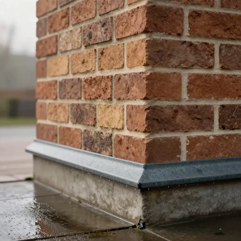 Sealed lower brick wall with a dry foundation edge and clean sill line after rain.