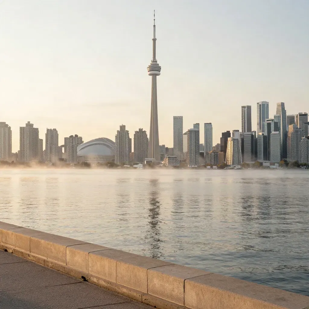 Toronto skyline with CN Tower above a hazy lakefront, calm open water below