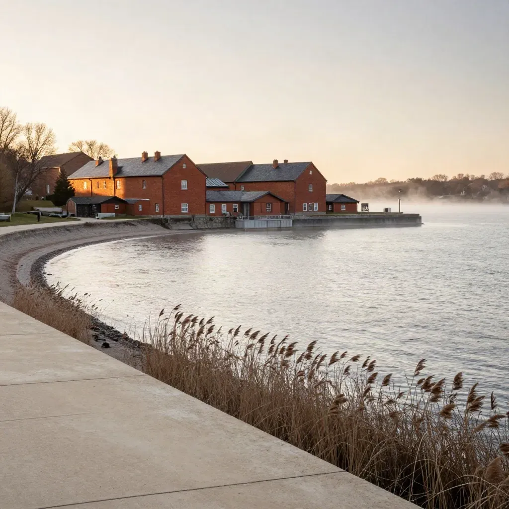 Misty Durham lakeshore with distant brick buildings and calm open water at sunset