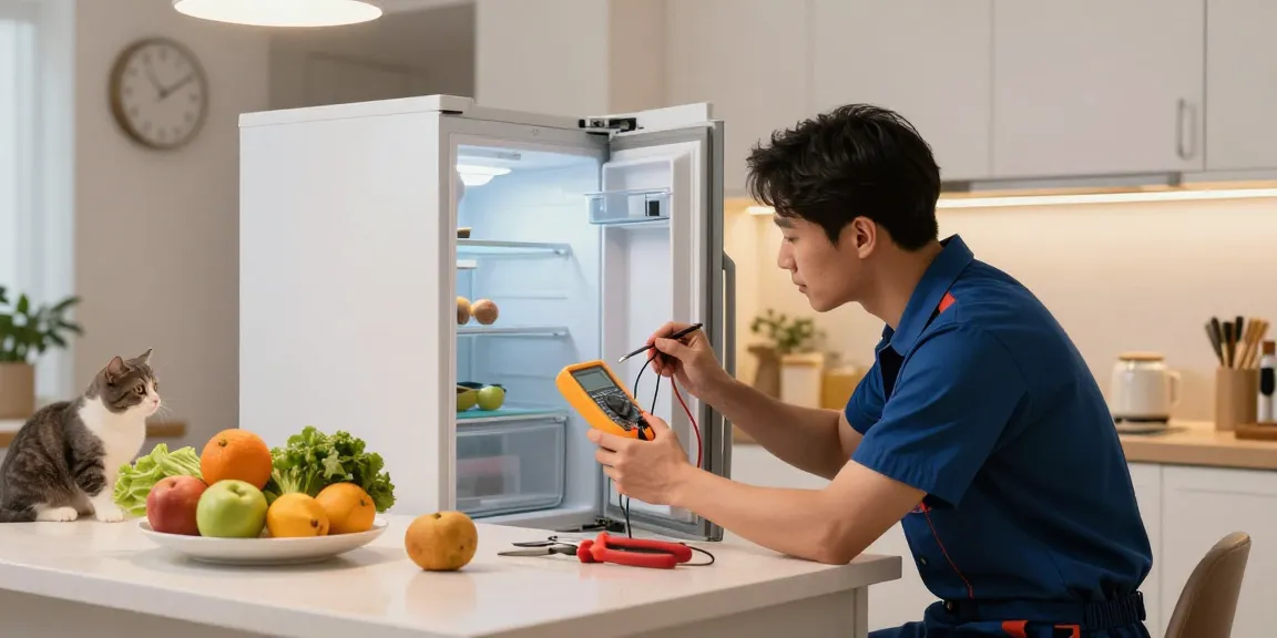 Emergency appliance repair service technician diagnosing refrigerator issues in a modern kitchen.