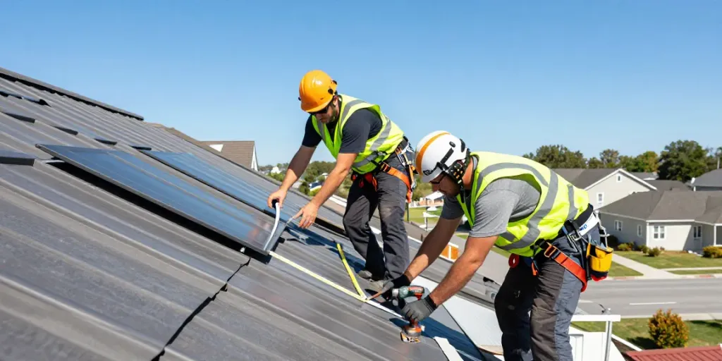 MROOF Roof Installation team securing metal panels on a residential roof, showcasing safety and craftsmanship.